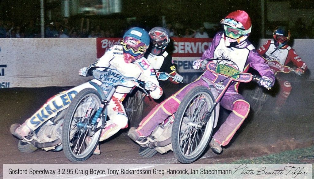 Craig Boyce leading Tony Rickardsson, Greg Hancock, Jan Staechmann at Gosford Speedway, 3.2.95