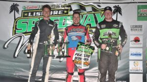 AT LEFT, SAM WALSH, (runner-up), winner Jessie Attard (centre) and third-placed Daniel Sayre - Sprintcar main event, Lismore Speedway, November 18, 2023. Photo by Tony Powell.