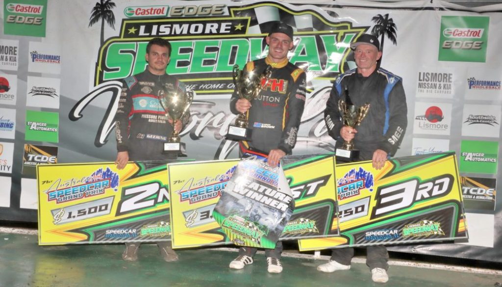 AGP, 2024, top three, from left to right, runner-up Matt Geering, winner Kaidon Brown, third-placed Nathan Smee at Lismore. IMG_7346