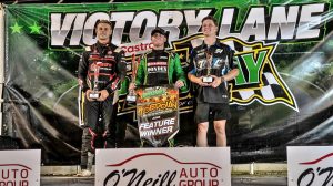 Lismore Speedway - 410 Sprintcar Podium - Jy Corbet 2nd - Lachlan McHugh 1st and Randy Morgan 3rd