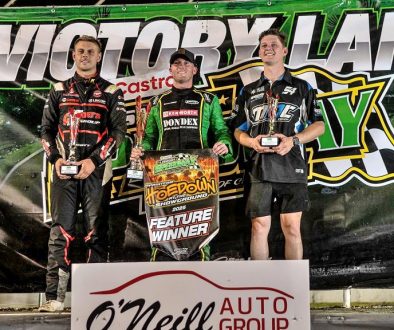 Lismore Speedway - 410 Sprintcar Podium - Jy Corbet 2nd - Lachlan McHugh 1st and Randy Morgan 3rd